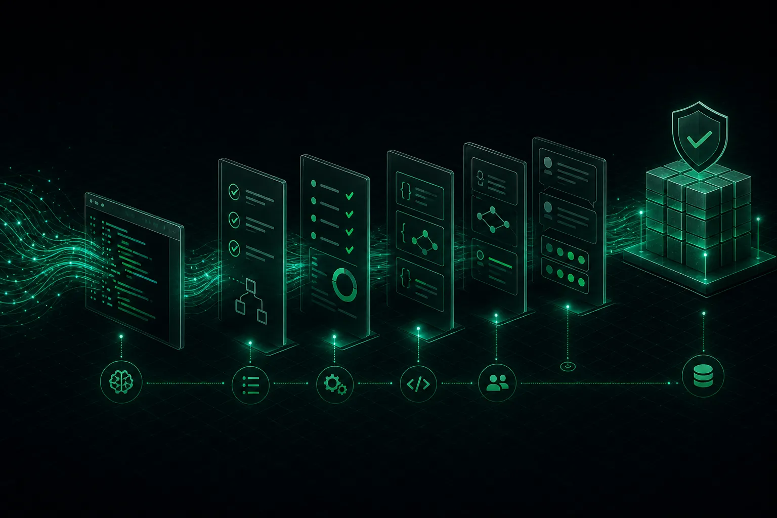 Generated code passing through tests, type checks, review gates, and CI guardrails