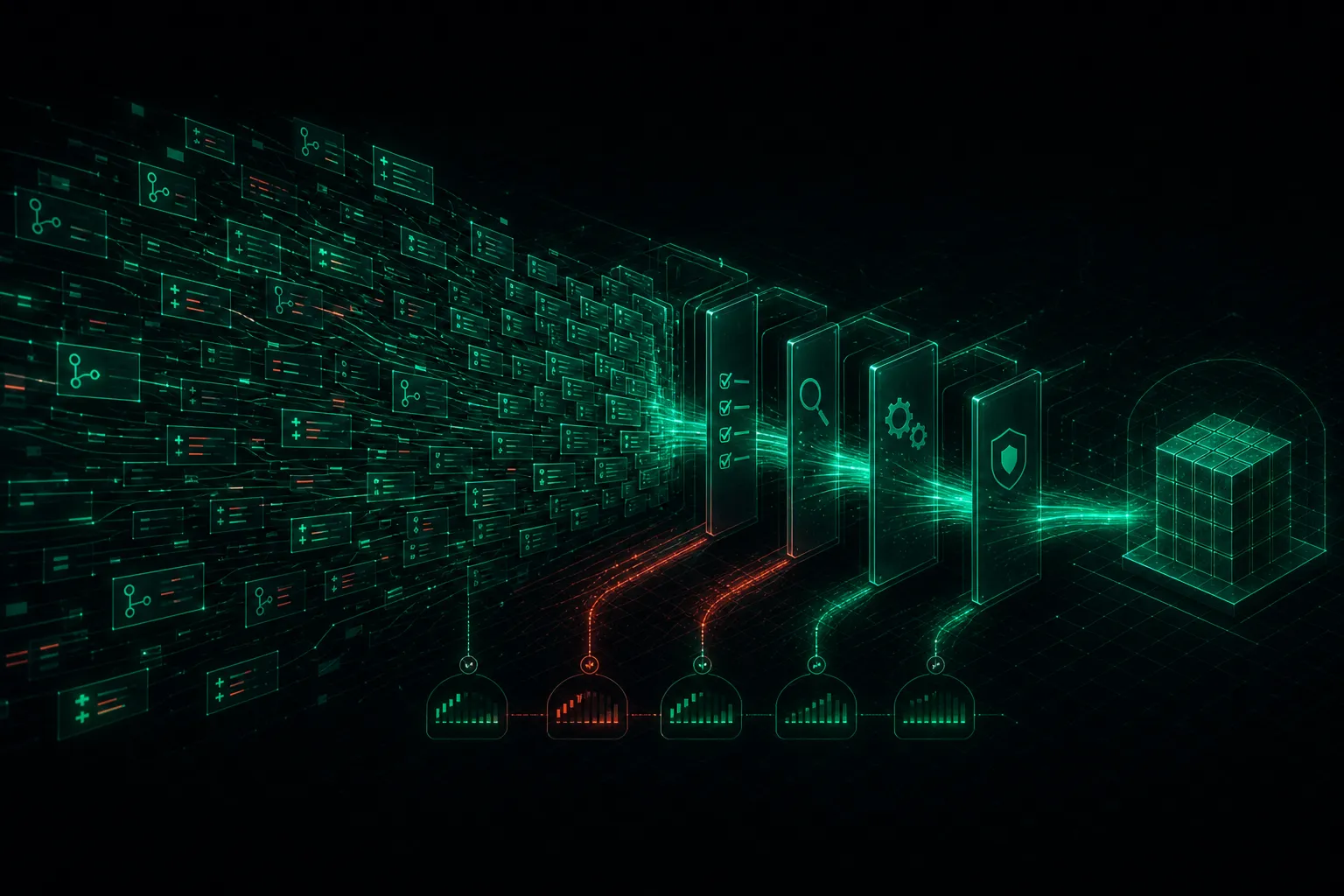 A rush of AI-generated code changes queuing before testing, review, and deployment gates