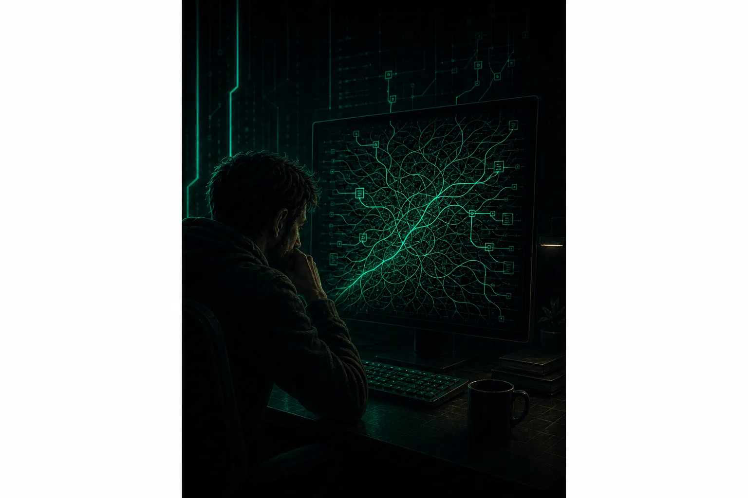 A developer at a desk confronting tangled spaghetti code