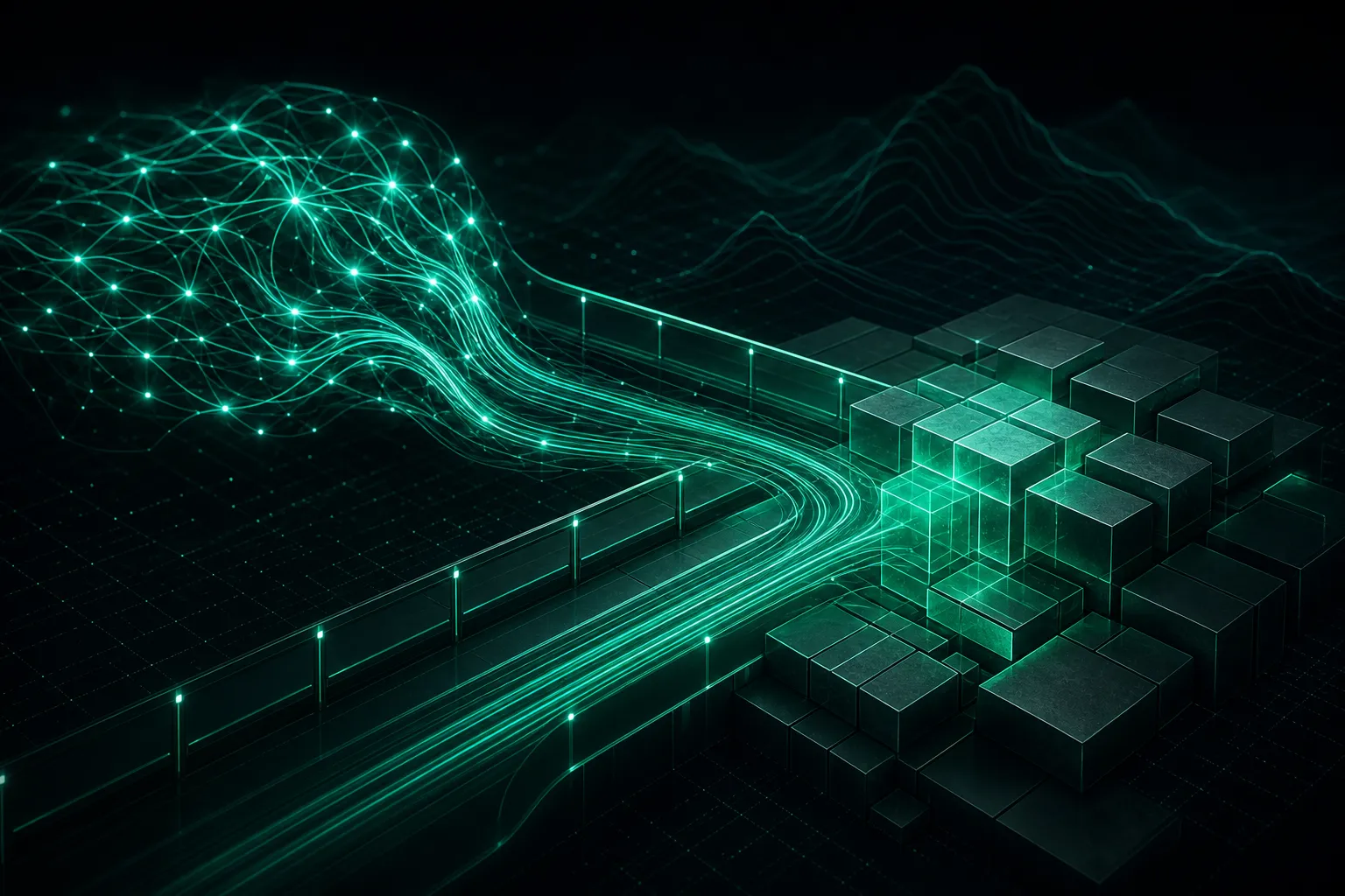 AI-assisted development flowing through guardrails into a stable code foundation