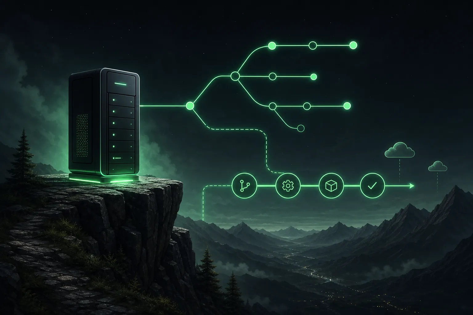 A compact owned server and deployment pipeline overlooking a mountain valley