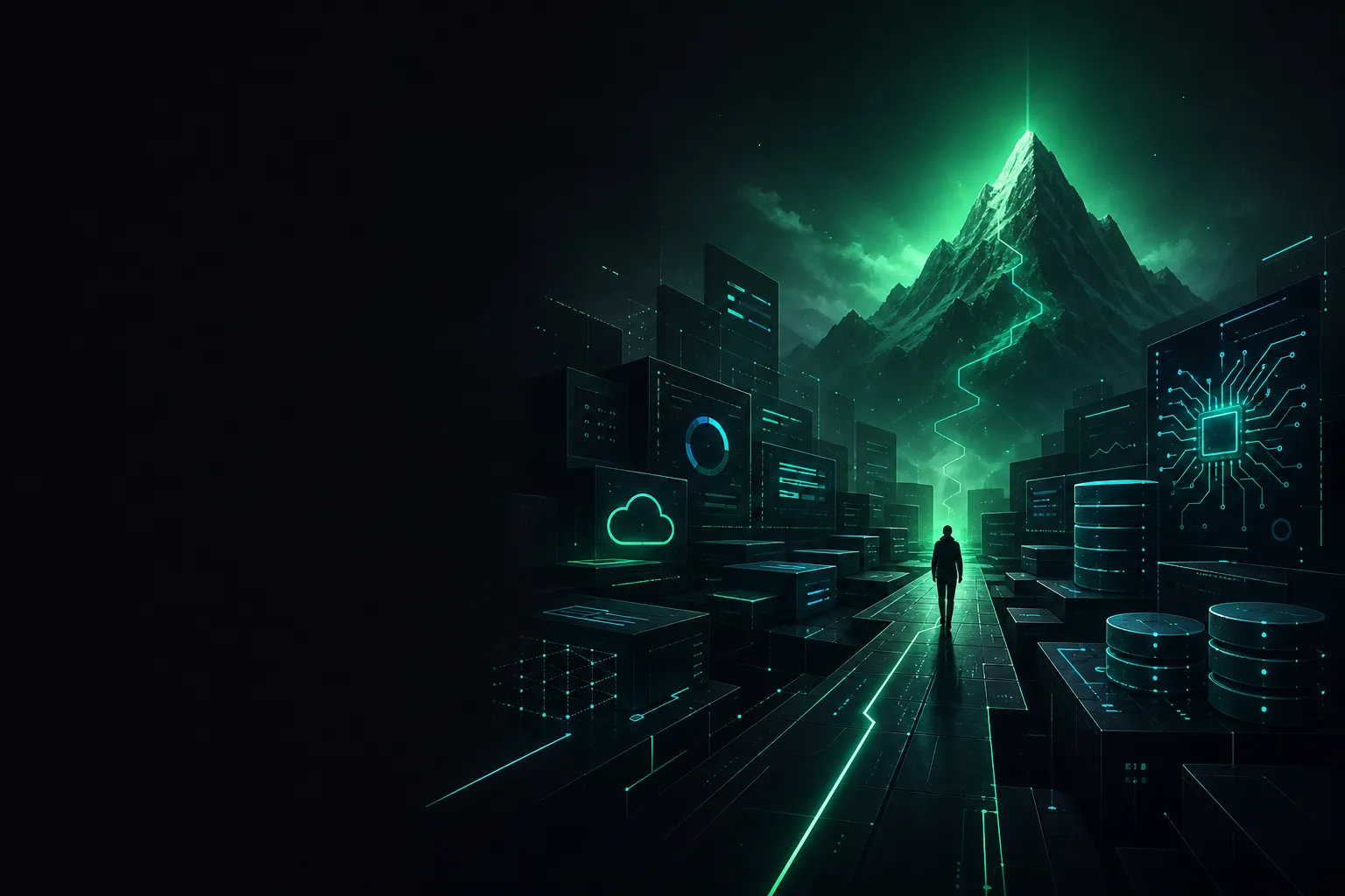 A futuristic path through crowded tooling toward a clear mountain peak