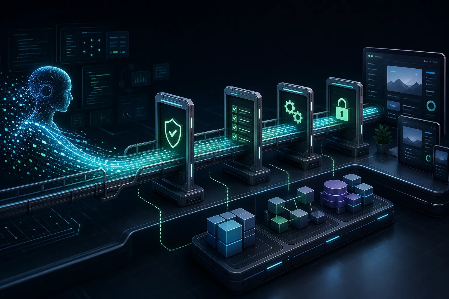 AI-assisted code moving through structure, tests, deployment gates, and organized architecture